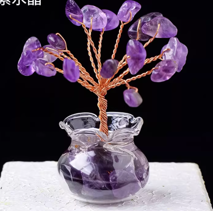 Natural amethyst tree ornament, yellow crystal, pink crystal, crushed stone, fish tank, money making tree, wealth attracting tree
