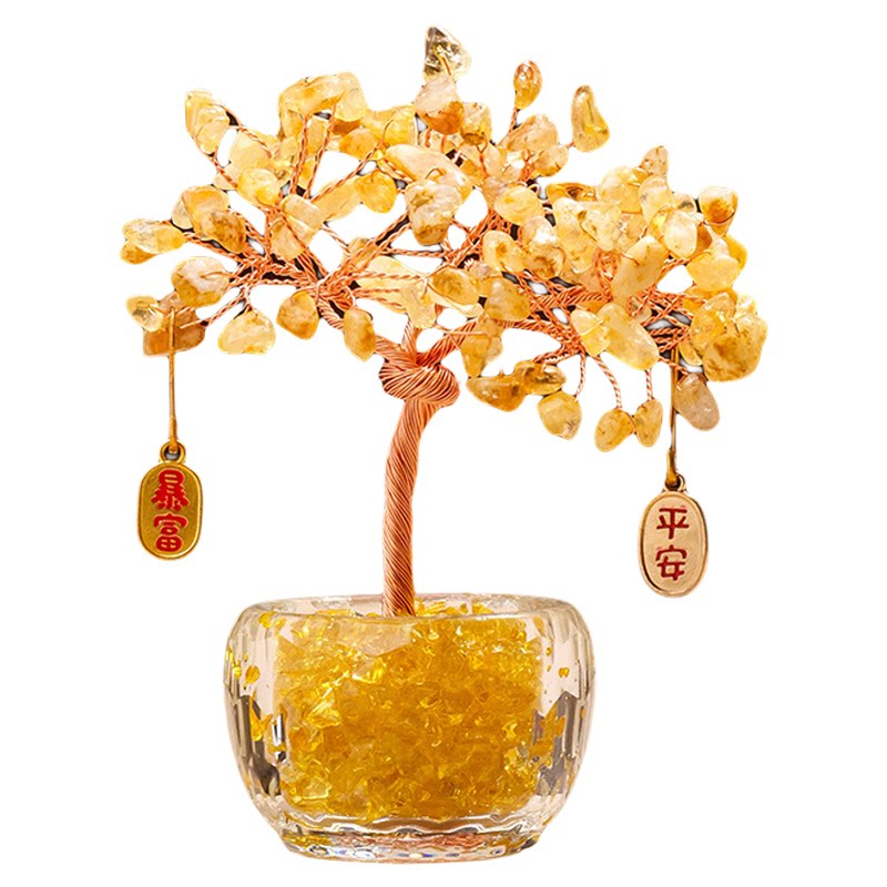 Natural citrine broken stone wealth tree ornament, amethyst hundred blessing jar, attracting wealth